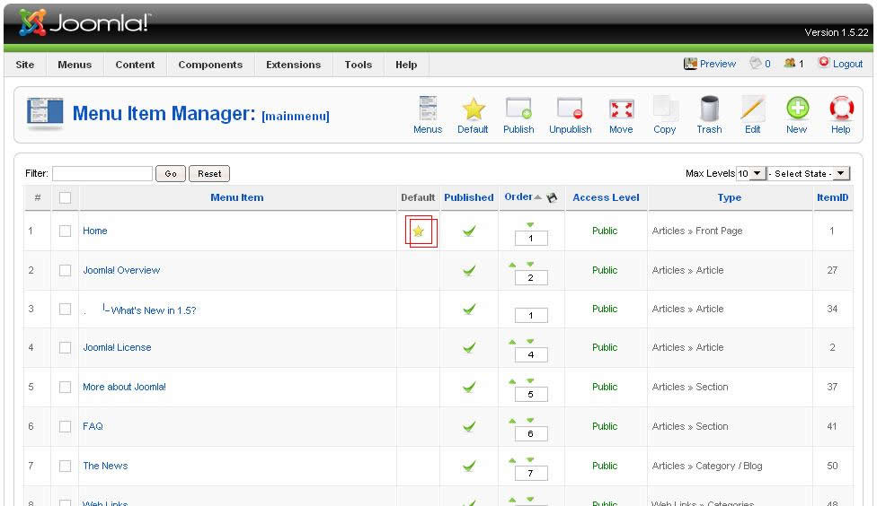 A screenshot showing the important parts of the Menu Item Manager in the Joomla Admin